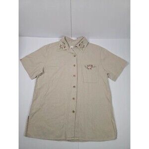 Vintage Bechamel Embroidered Linen Cotton Blend Short Sleeve Button Up Top Small